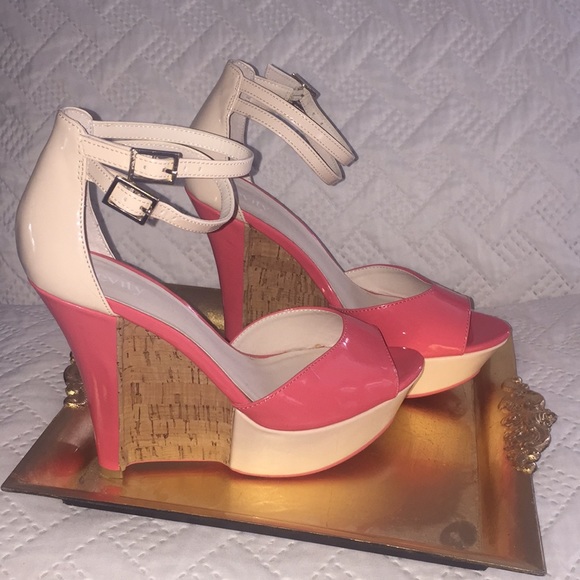 levity Shoes - Coral and nude strapped ankle cork wedge shoes.